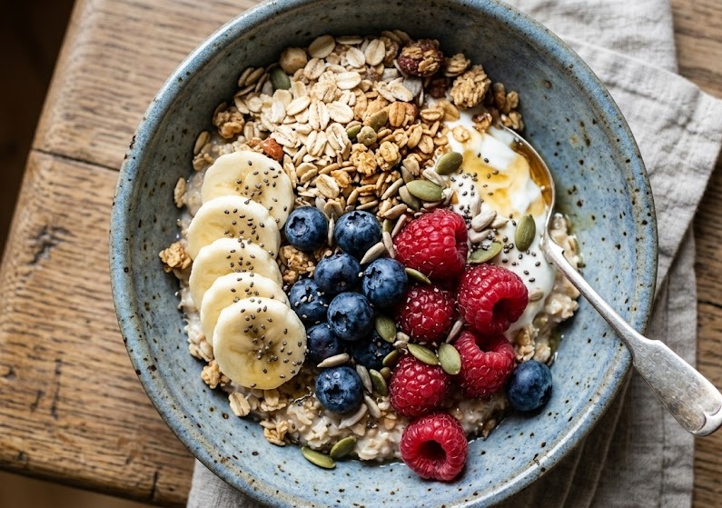 Tigela de cereais, fruta fresca e sementes vista de perto