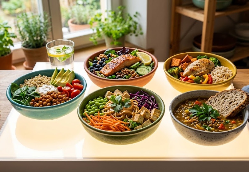 Mesa luminosa com tigelas coloridas de comida equilibrada