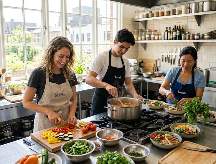 Pequena equipa a preparar refeições numa cozinha luminosa