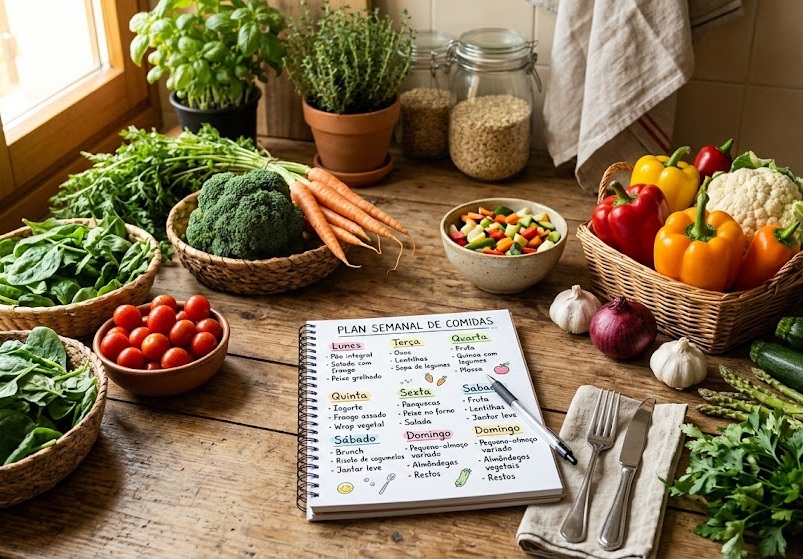 Plano de refeições semanal sobre uma mesa com legumes frescos